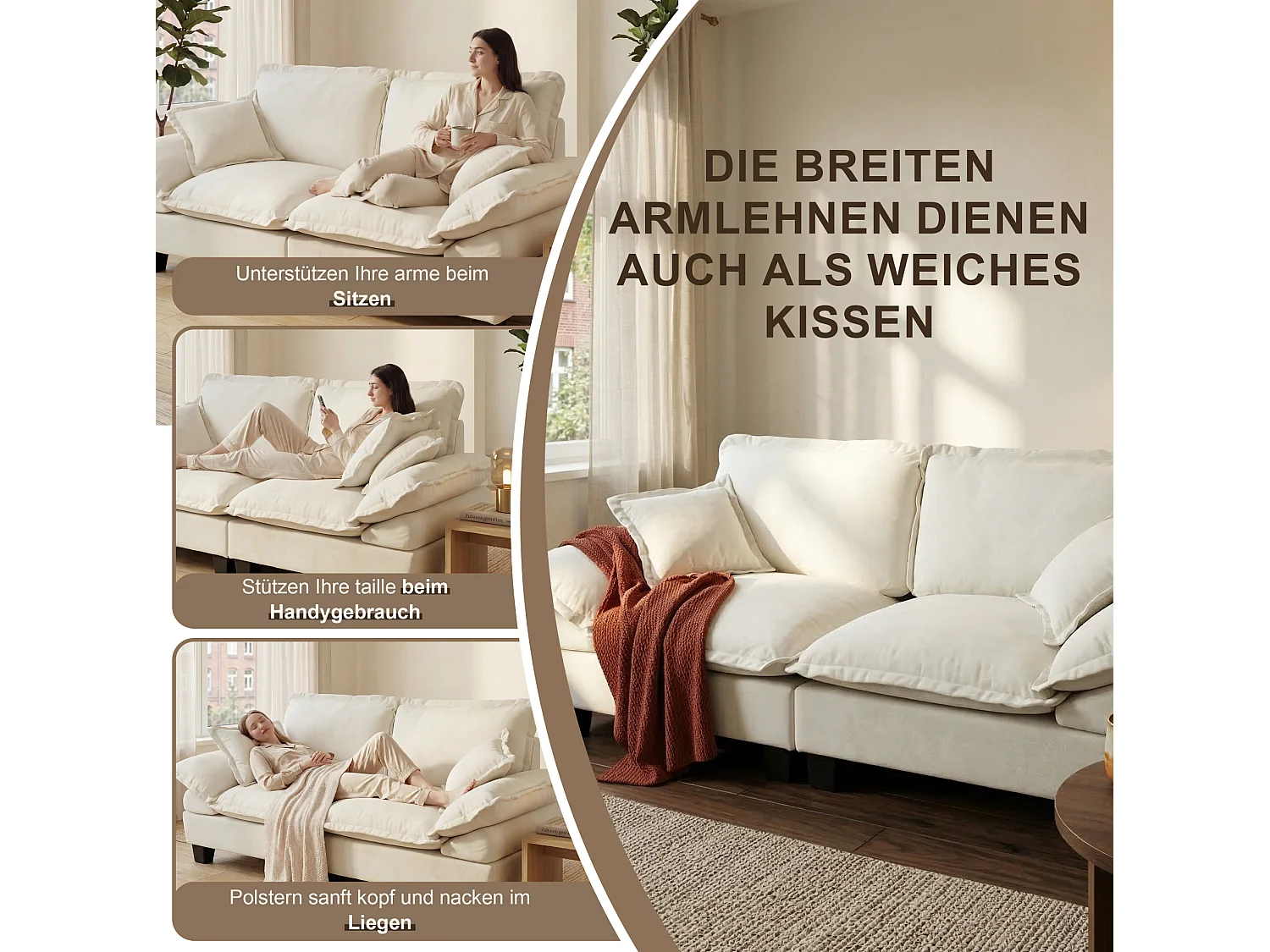 264 cm 3-sits modulär chenillesoffa med böjda armstöd - Beige