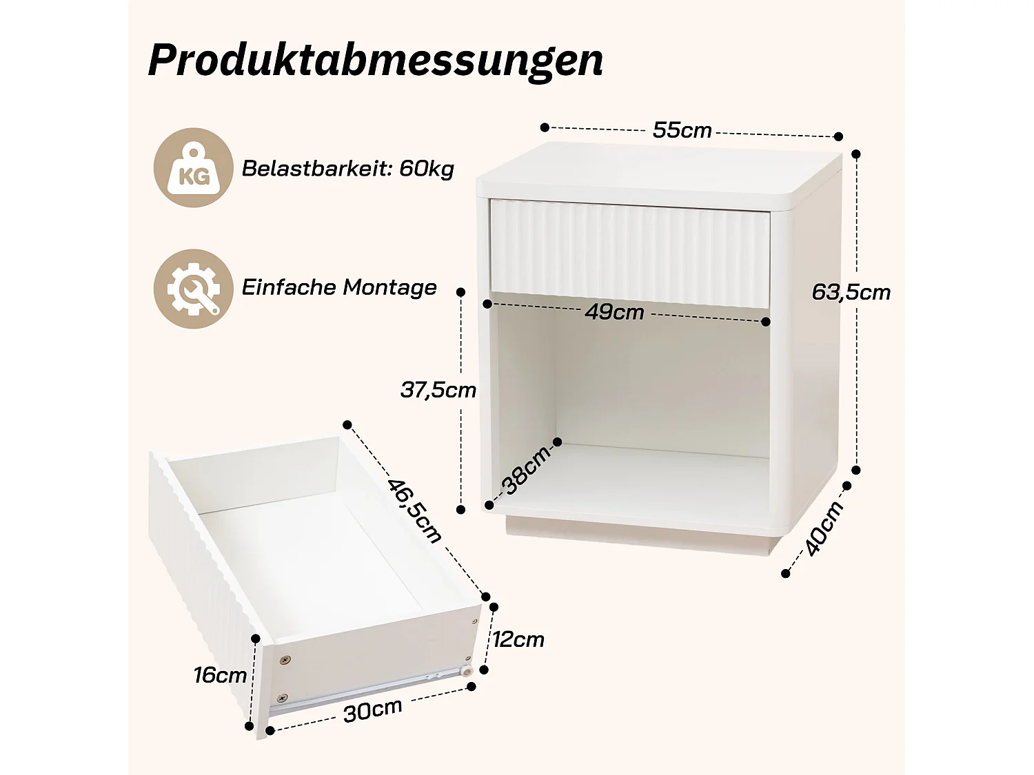 Set med 2 vita sängbord (55 x 40 x 63,5 cm) med en låda och ett öppet fack.
