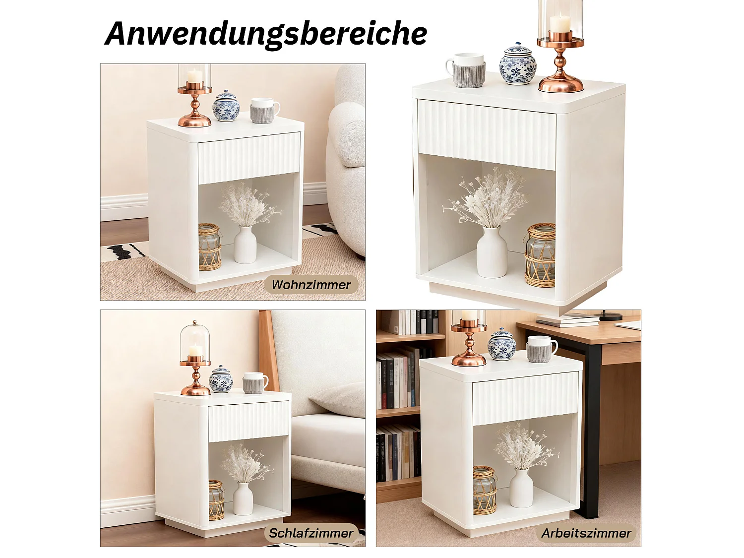 Set med 2 vita sängbord (55 x 40 x 63,5 cm) med en låda och ett öppet fack.