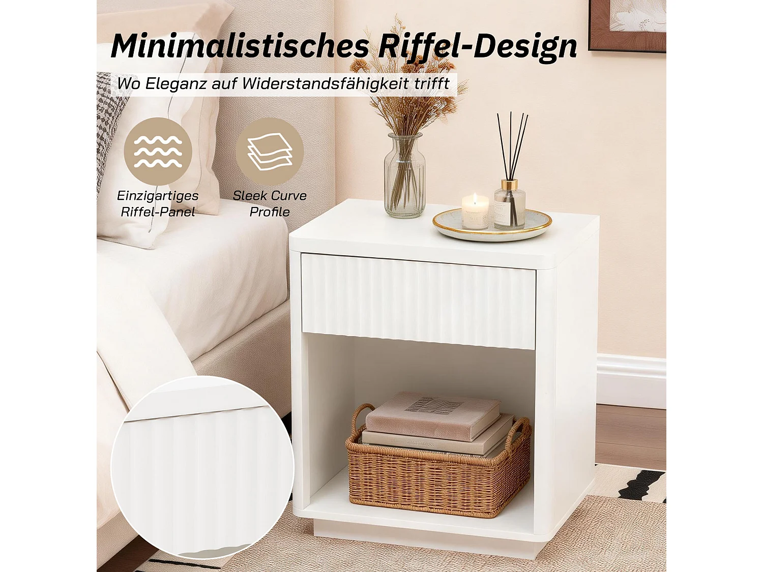 Set med 2 vita sängbord (55 x 40 x 63,5 cm) med en låda och ett öppet fack.