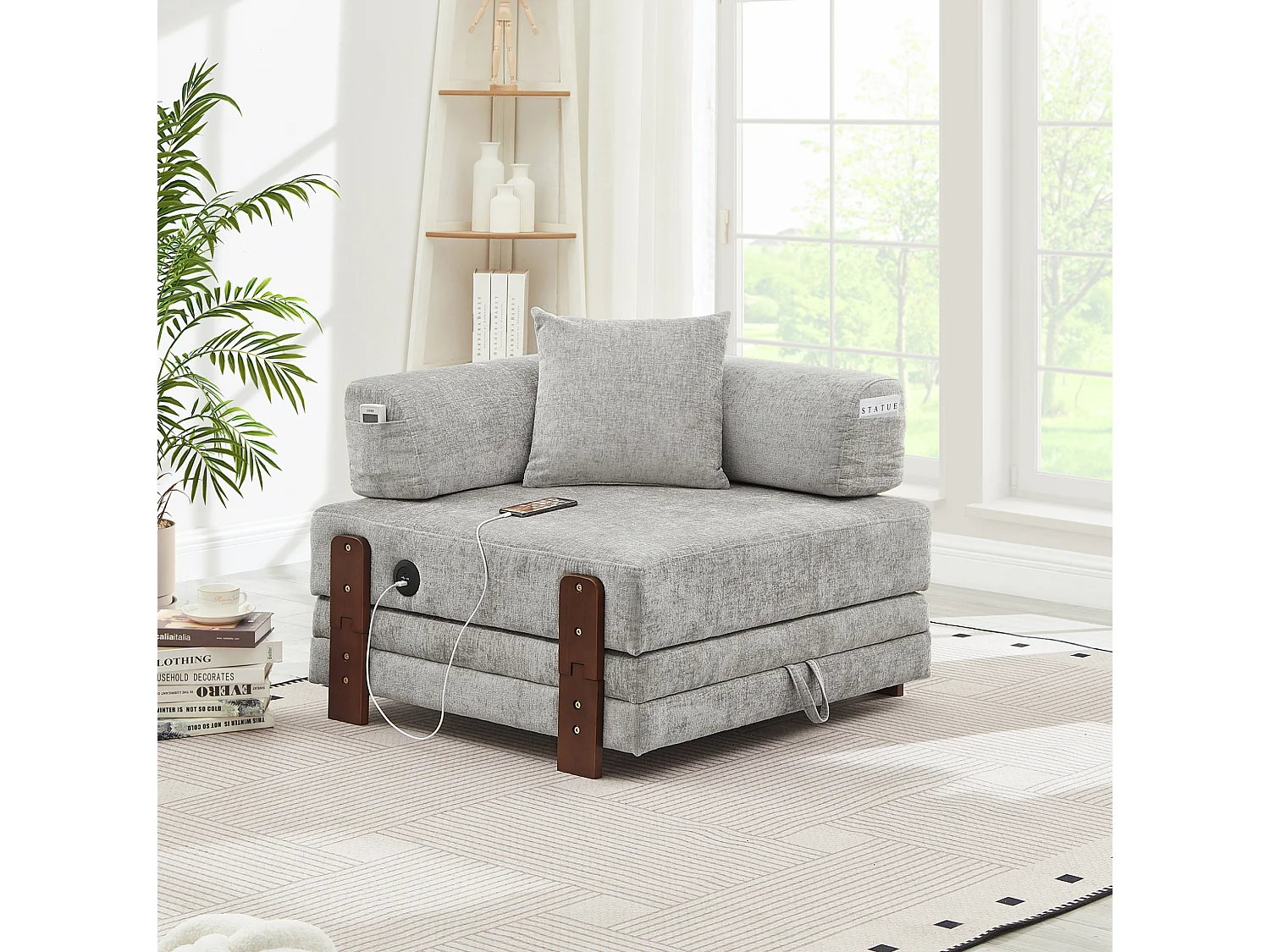 Canapé convertible pliant 2-en-1 avec USB, Type-C et rangement - Tissu gris clair