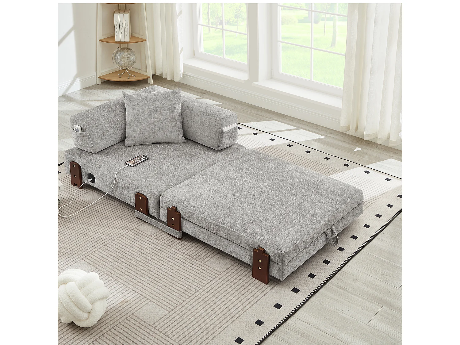 Canapé convertible pliant 2-en-1 avec USB, Type-C et rangement - Tissu gris clair
