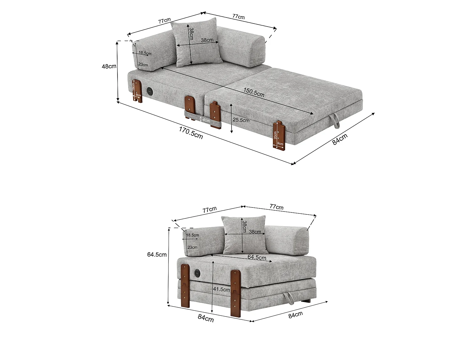 Canapé convertible pliant 2-en-1 avec USB, Type-C et rangement - Tissu gris clair