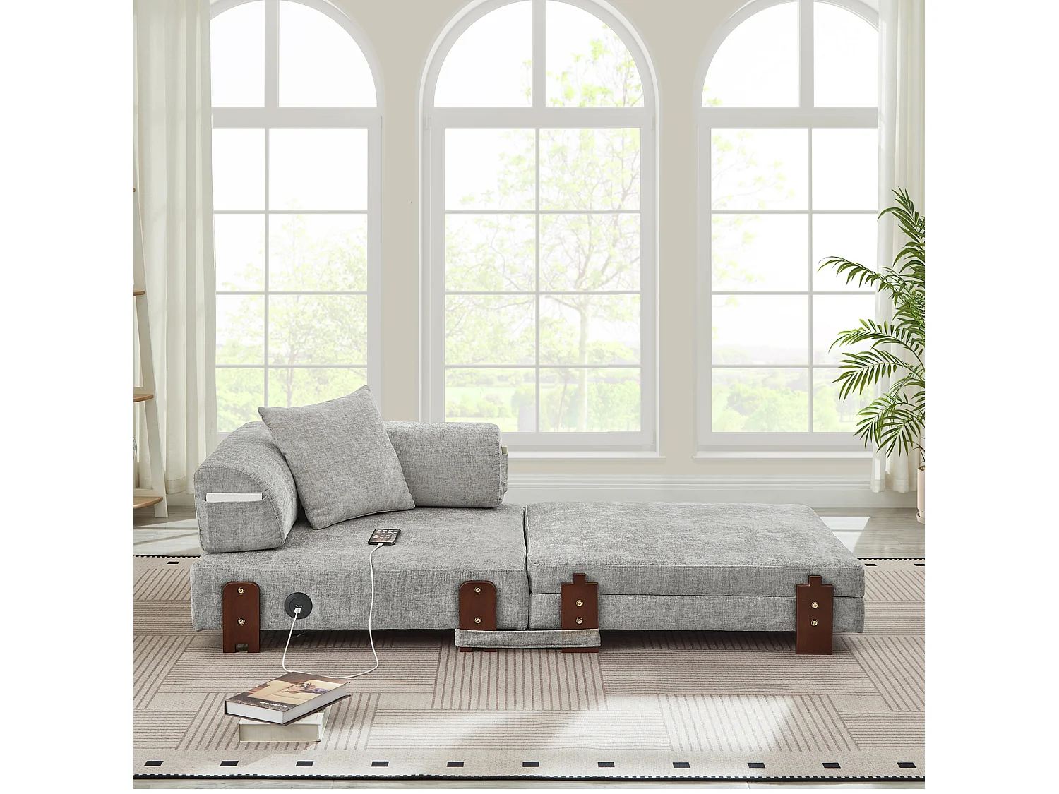 Canapé convertible pliant 2-en-1 avec USB, Type-C et rangement - Tissu gris clair