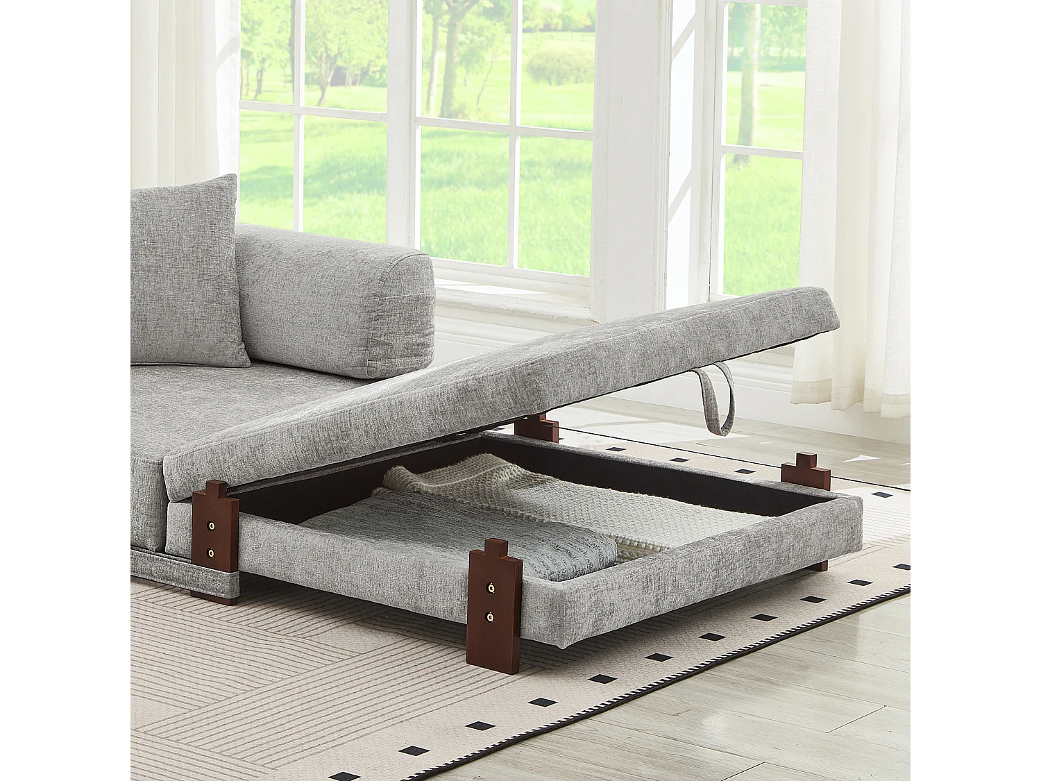 Canapé convertible pliant 2-en-1 avec USB, Type-C et rangement - Tissu gris clair