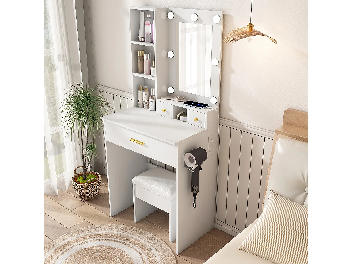 Coiffeuse avec miroir LED, prise, tabouret et 3 tiroirs - Blanc 60 x 38 x 131.5 cm