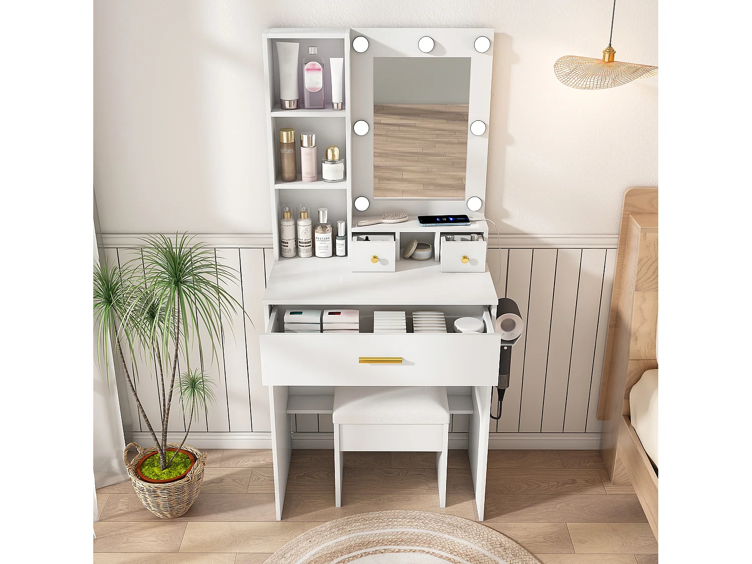 Coiffeuse avec miroir LED, prise, tabouret et 3 tiroirs - Blanc 60 x 38 x 131.5 cm