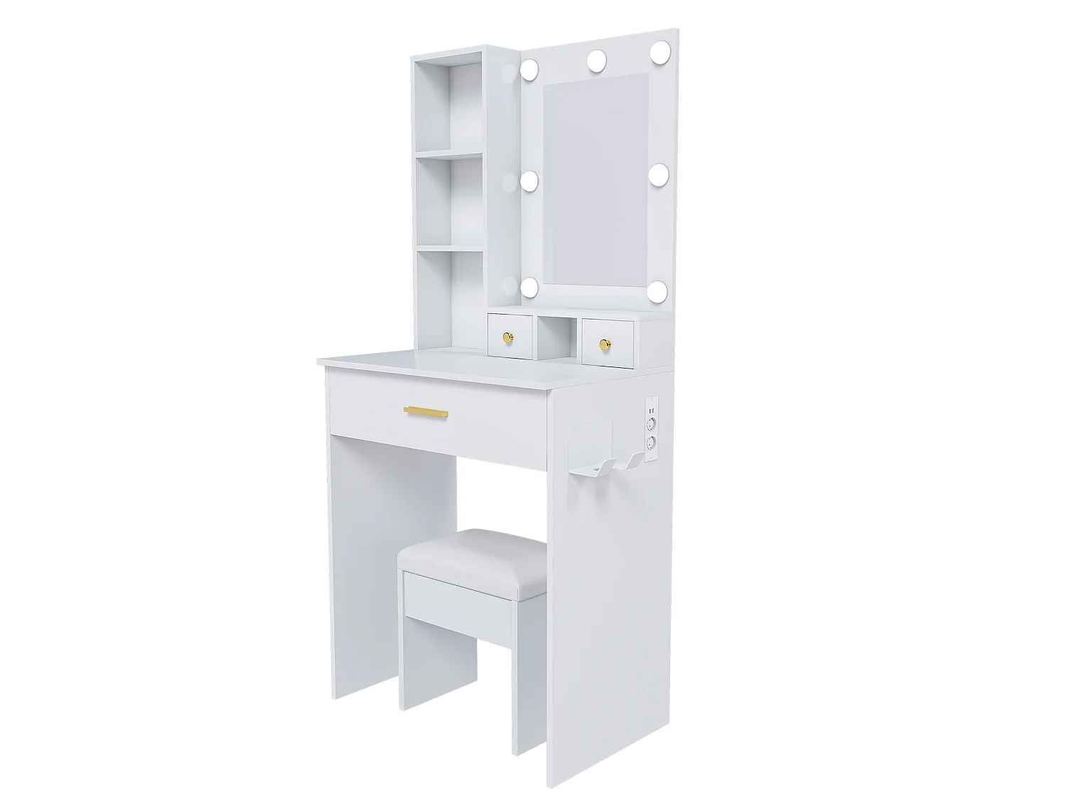 Coiffeuse avec miroir LED, prise, tabouret et 3 tiroirs - Blanc 60 x 38 x 131.5 cm