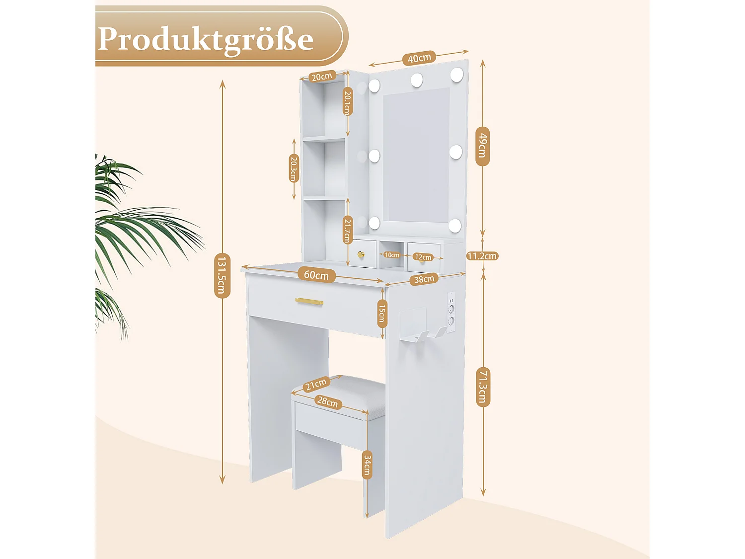 Coiffeuse avec miroir LED, prise, tabouret et 3 tiroirs - Blanc 60 x 38 x 131.5 cm