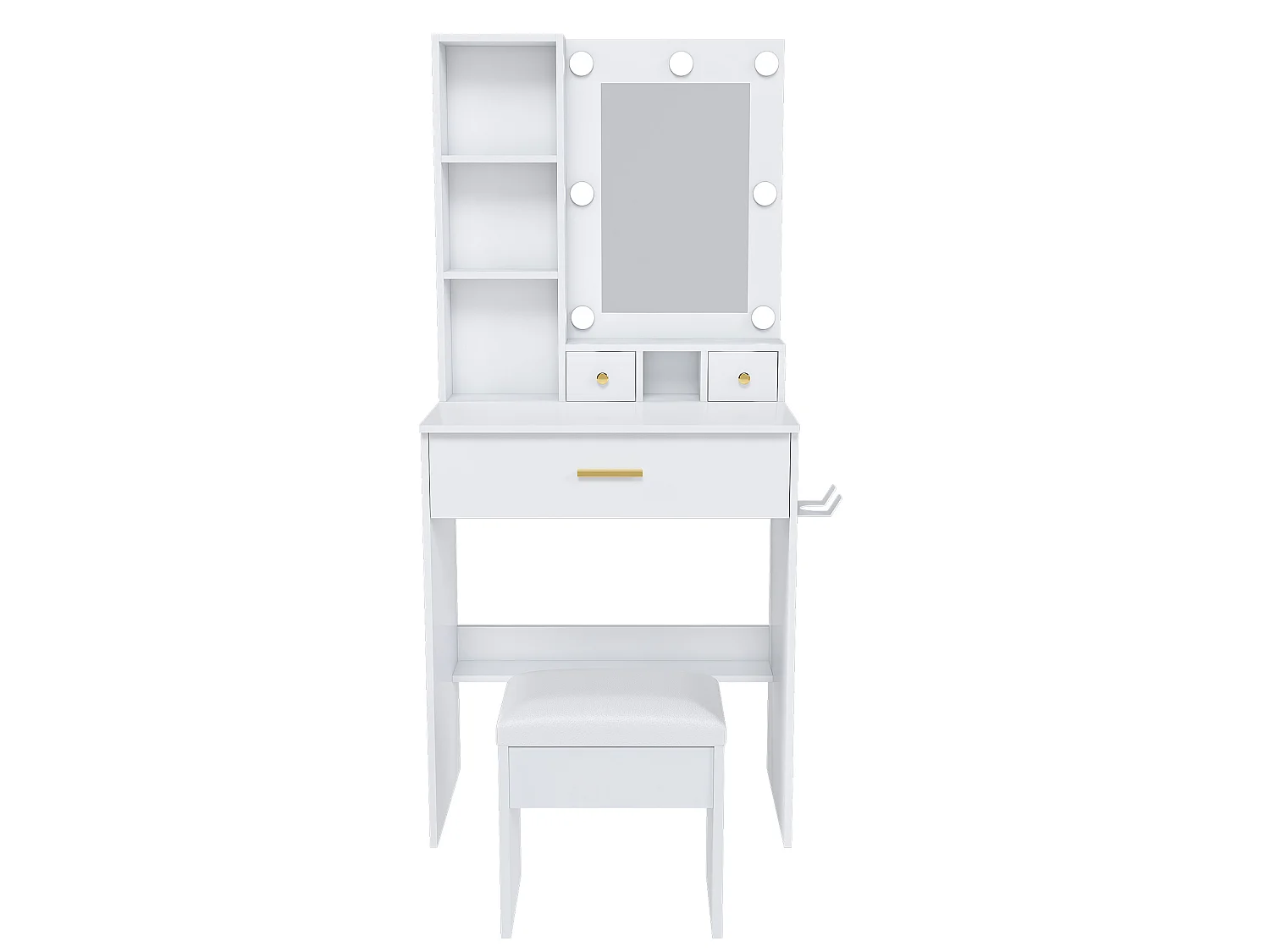 Coiffeuse avec miroir LED, prise, tabouret et 3 tiroirs - Blanc 60 x 38 x 131.5 cm