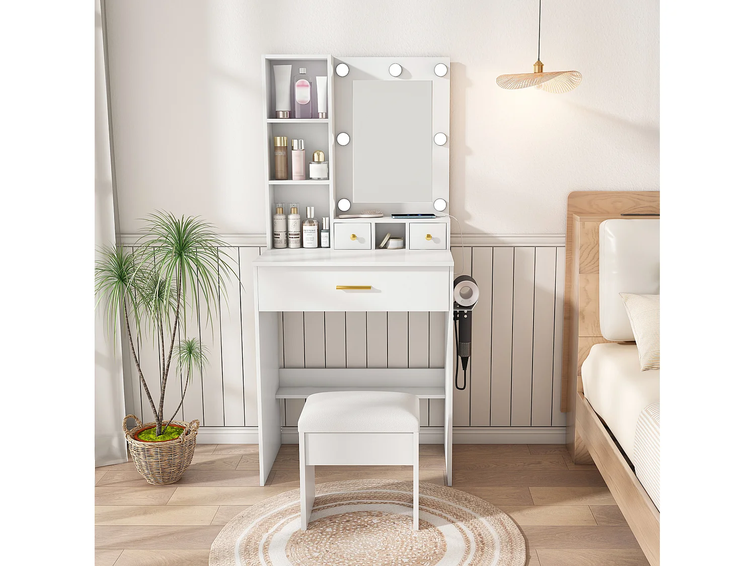 Coiffeuse avec miroir LED, prise, tabouret et 3 tiroirs - Blanc 60 x 38 x 131.5 cm