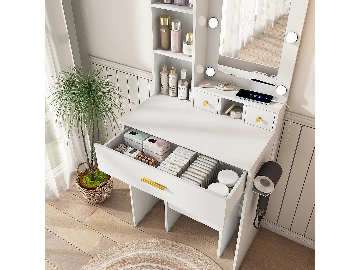 Coiffeuse avec miroir LED, prise, tabouret et 3 tiroirs - Blanc 60 x 38 x 131.5 cm