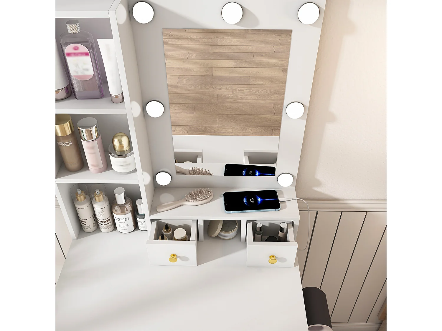 Coiffeuse avec miroir LED, prise, tabouret et 3 tiroirs - Blanc 60 x 38 x 131.5 cm