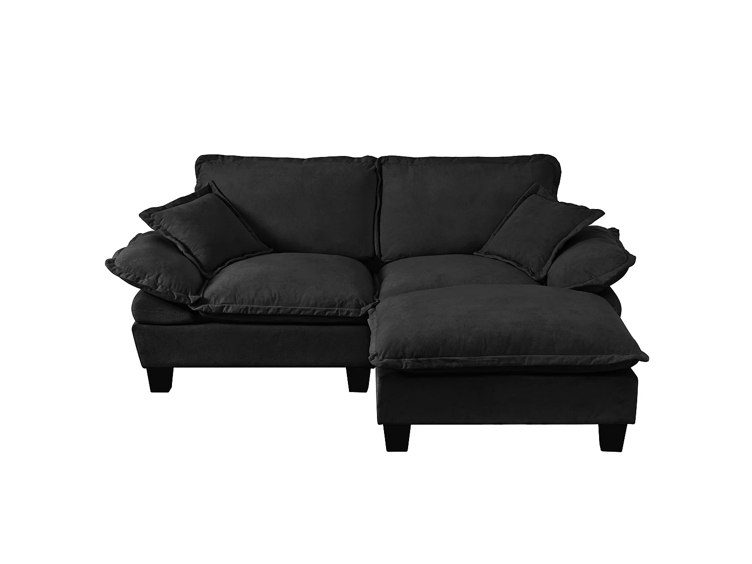 2-sits modulär hörnsoffa i svart chenille med 1 fotpall och 2 kuddar