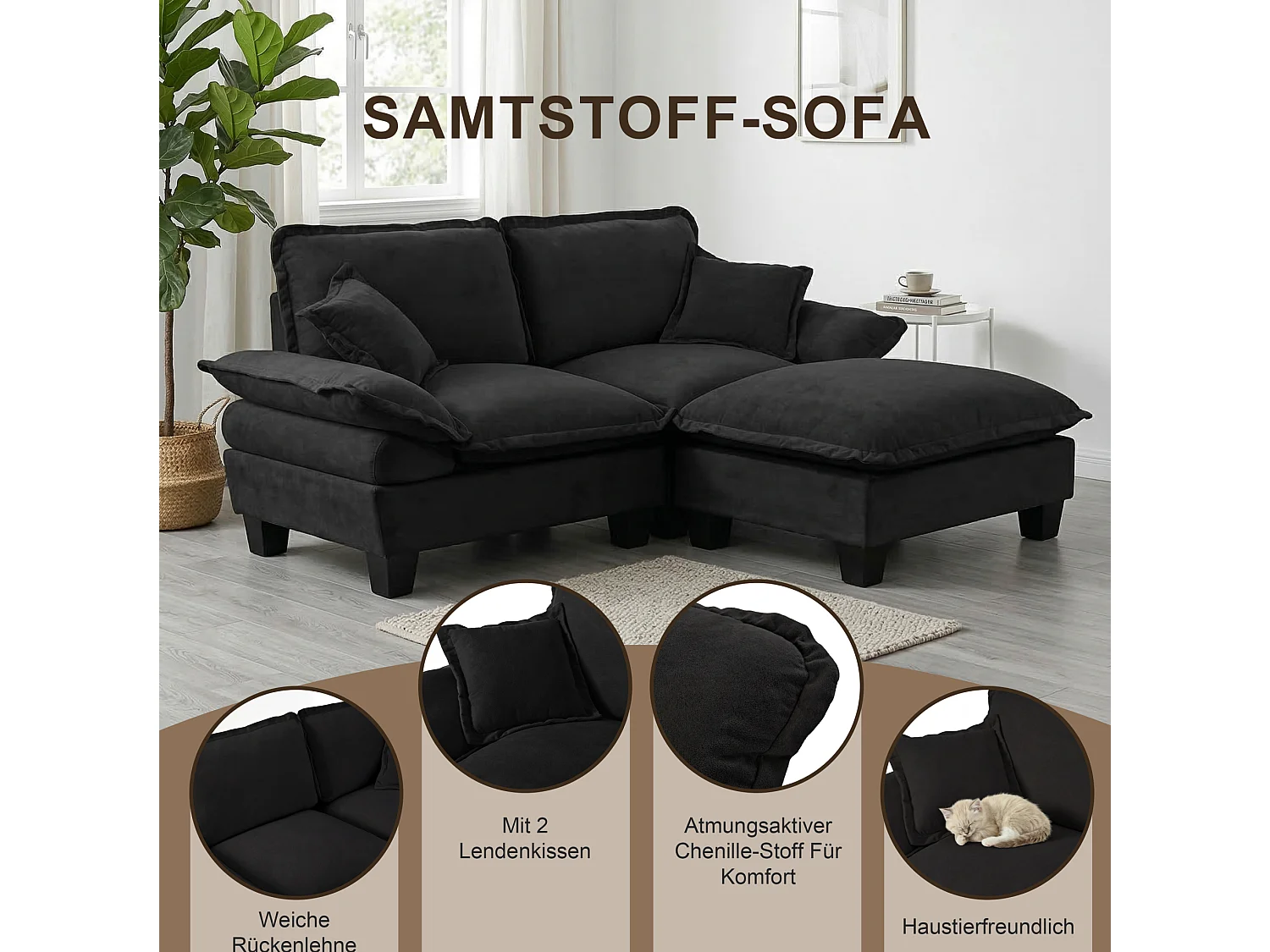 2-sits modulär hörnsoffa i svart chenille med 1 fotpall och 2 kuddar
