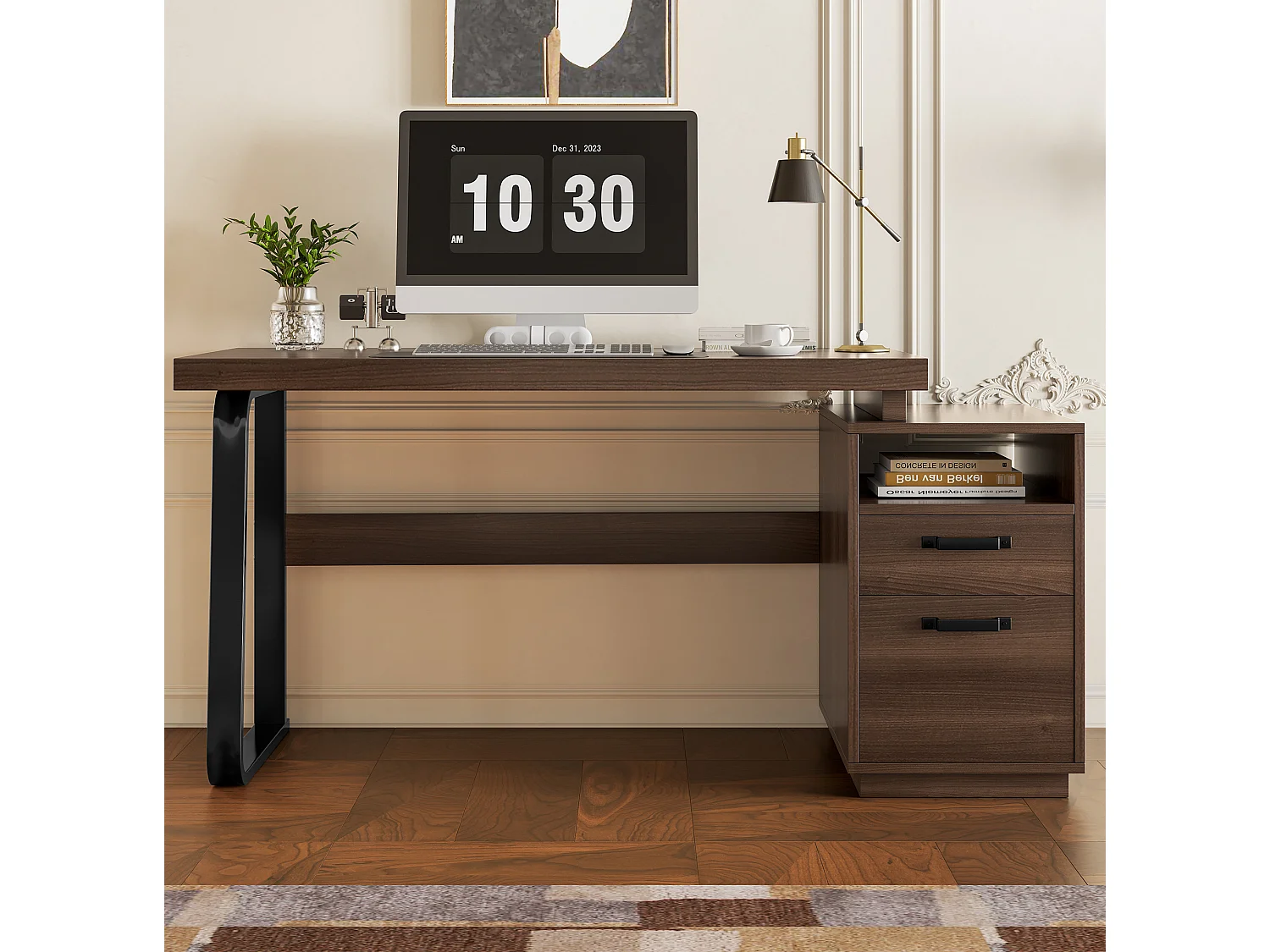 Bruin metalen bureau (161 x 54 x 76,3 cm) met 2 lades en een open vak