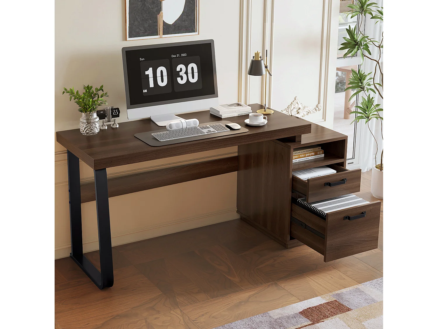 Bruin metalen bureau (161 x 54 x 76,3 cm) met 2 lades en een open vak