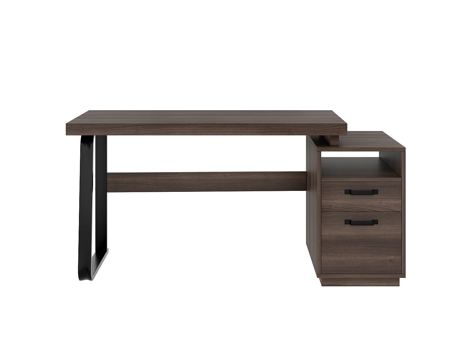 Bruin metalen bureau (161 x 54 x 76,3 cm) met 2 lades en een open vak