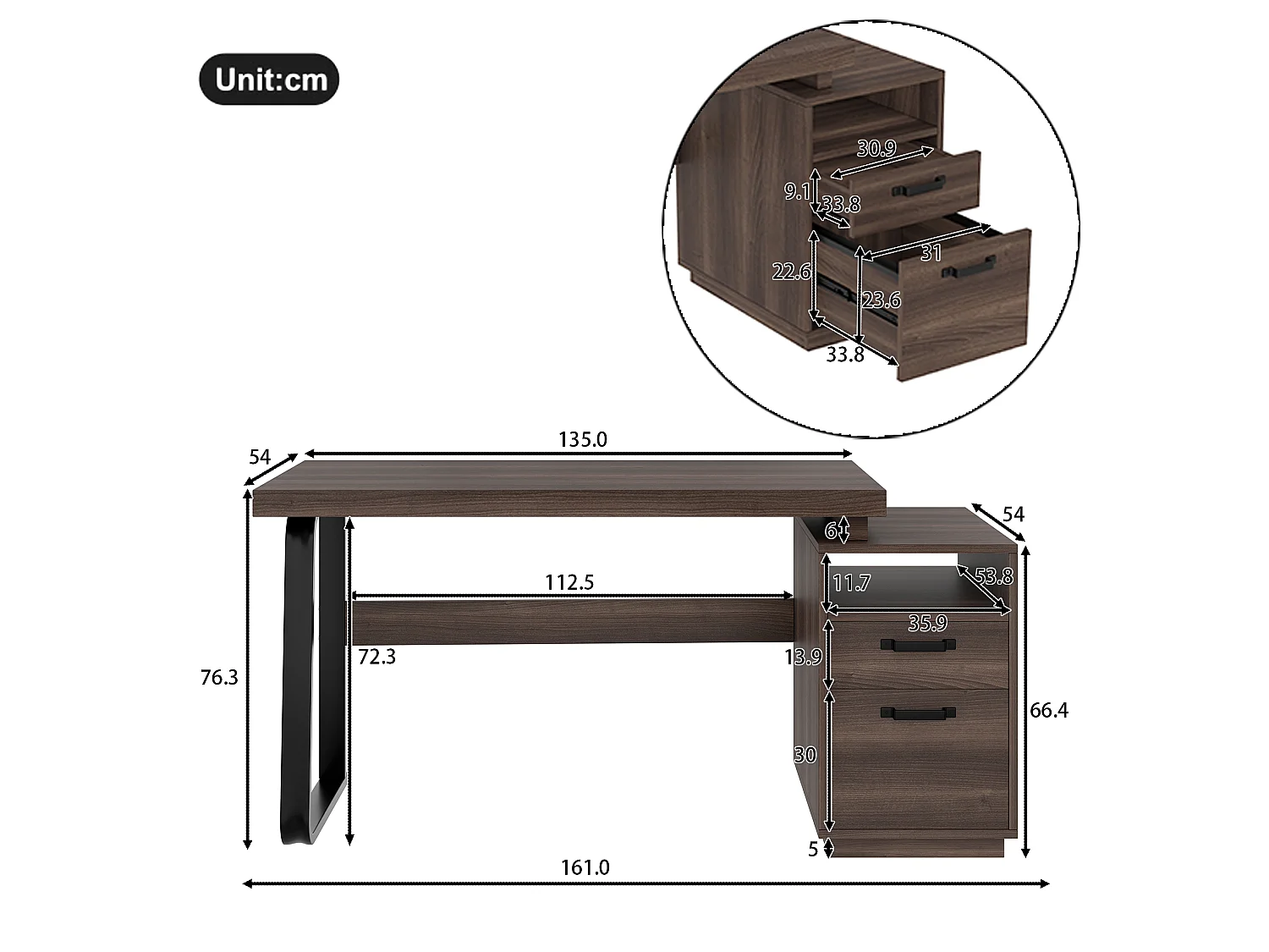 Bruin metalen bureau (161 x 54 x 76,3 cm) met 2 lades en een open vak