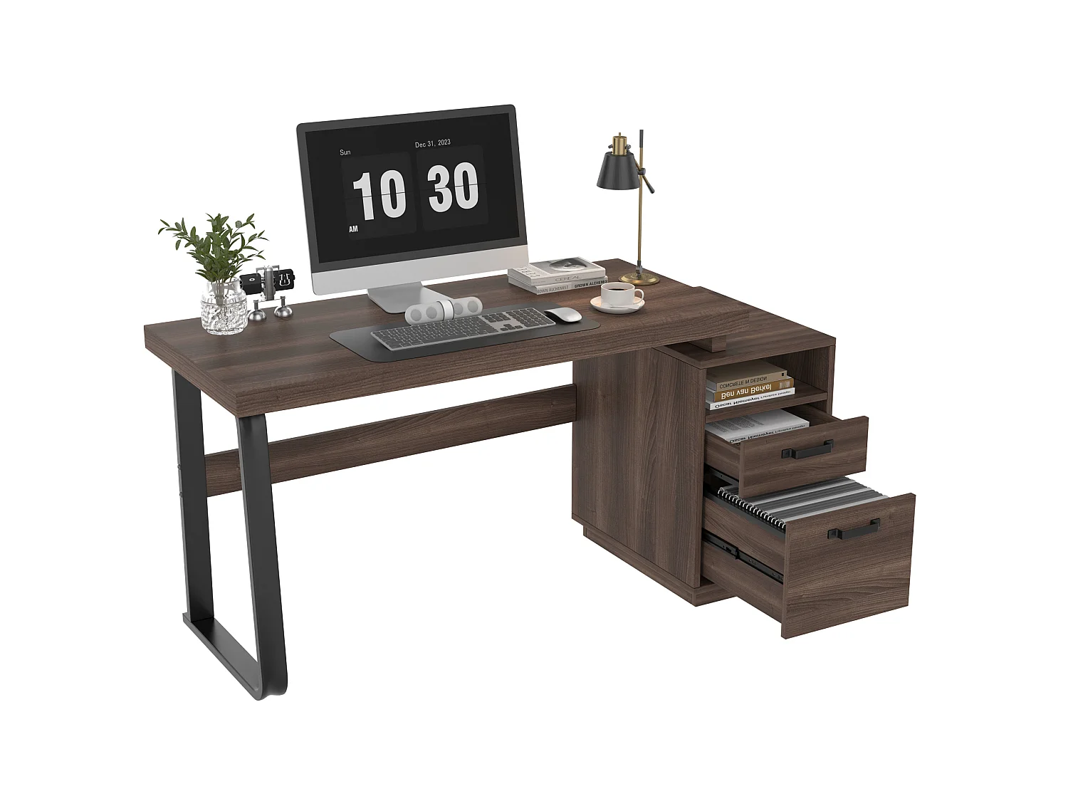 Bruin metalen bureau (161 x 54 x 76,3 cm) met 2 lades en een open vak