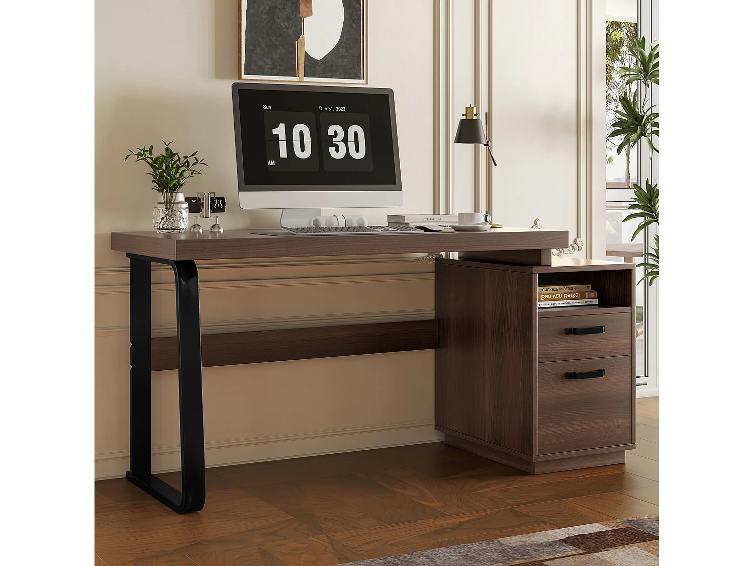 Bruin metalen bureau (161 x 54 x 76,3 cm) met 2 lades en een open vak