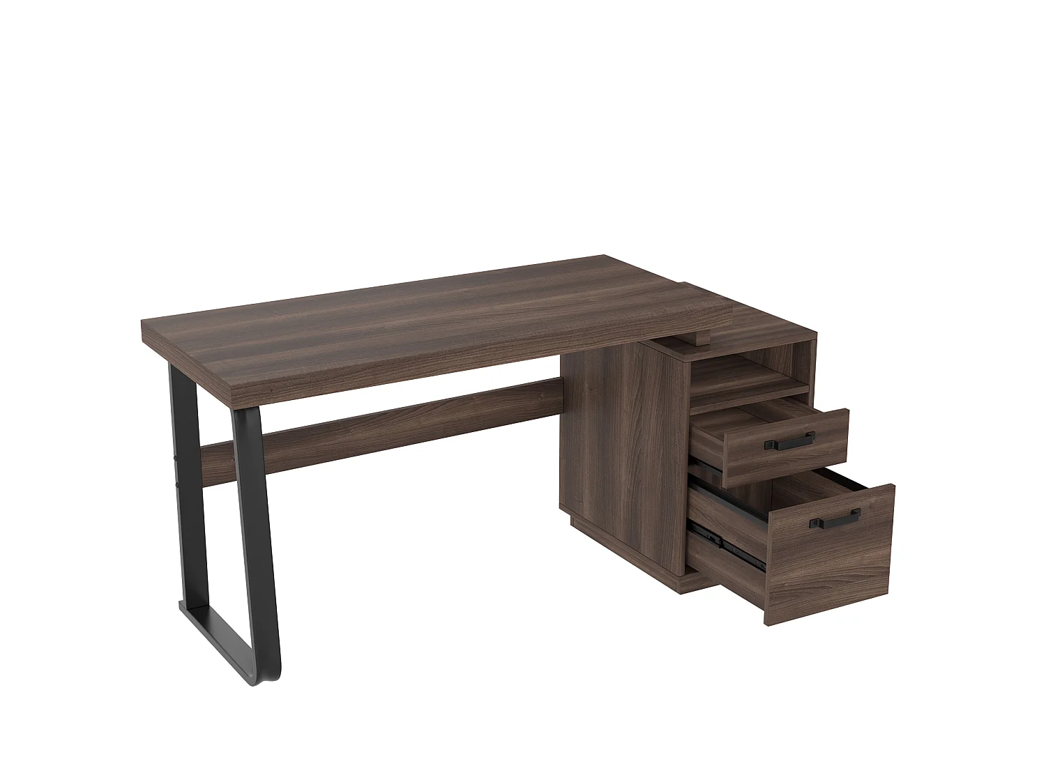 Bruin metalen bureau (161 x 54 x 76,3 cm) met 2 lades en een open vak