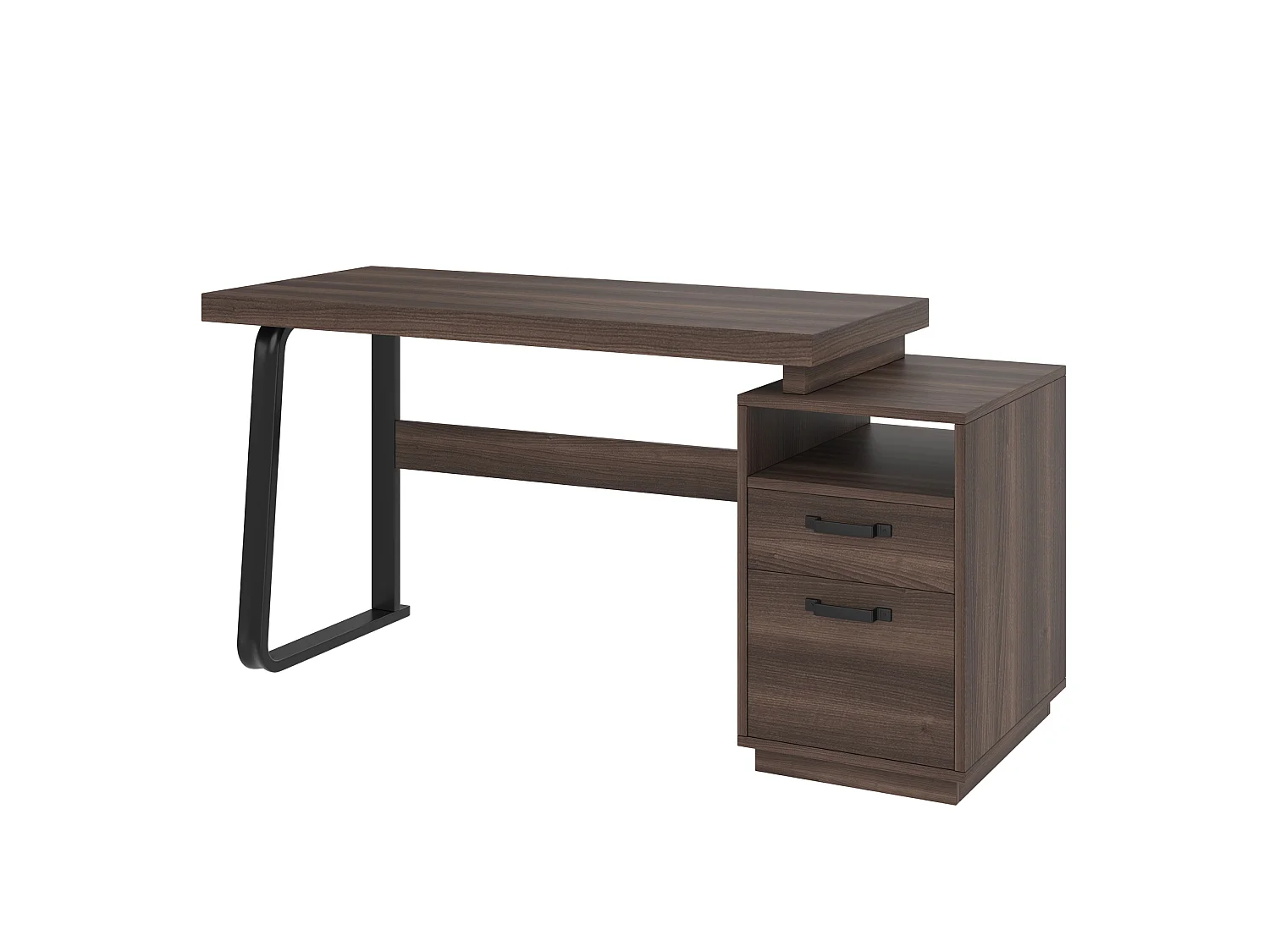 Bruin metalen bureau (161 x 54 x 76,3 cm) met 2 lades en een open vak