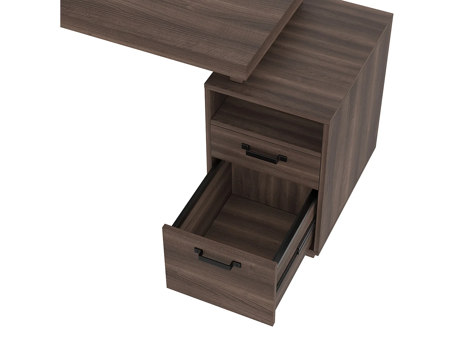 Bruin metalen bureau (161 x 54 x 76,3 cm) met 2 lades en een open vak