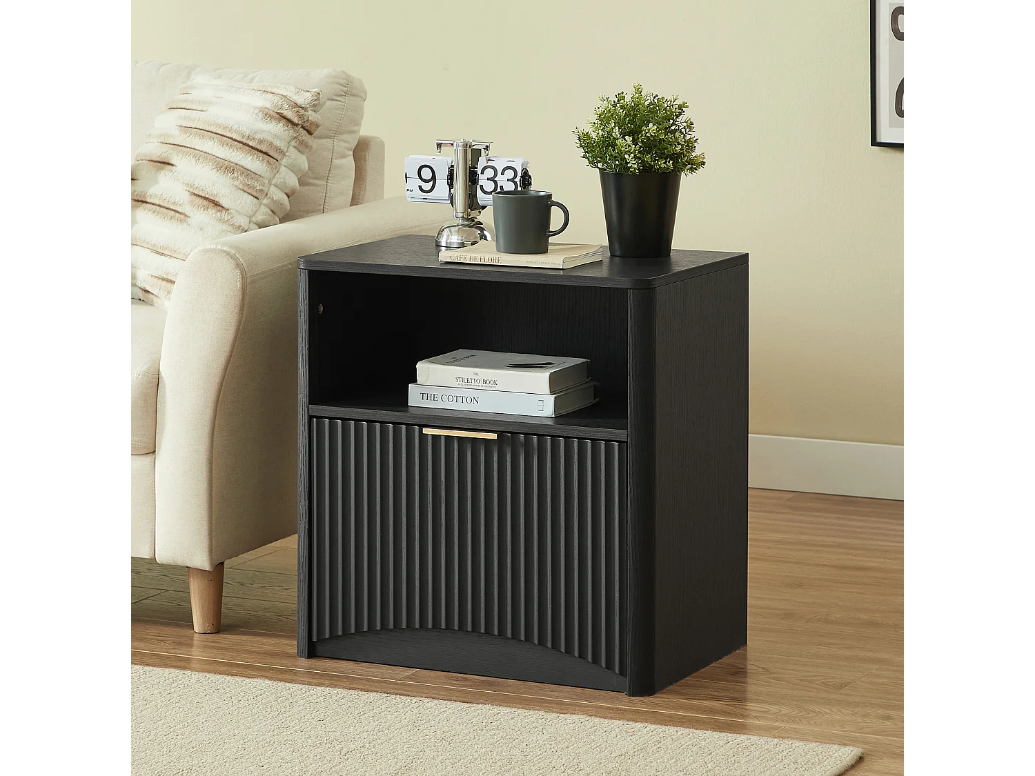 Table de chevet 58x38x60 cm avec tiroir et niche ouverte - Noir