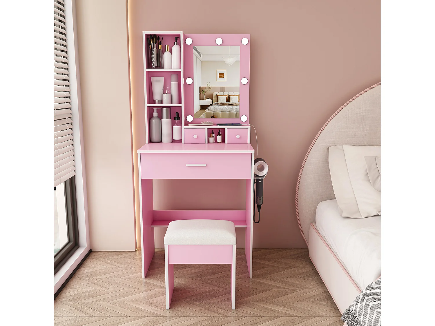 Coiffeuse avec miroir LED, prise, tabouret et 3 tiroirs - Rose 60 x 38 x 131.5 cm