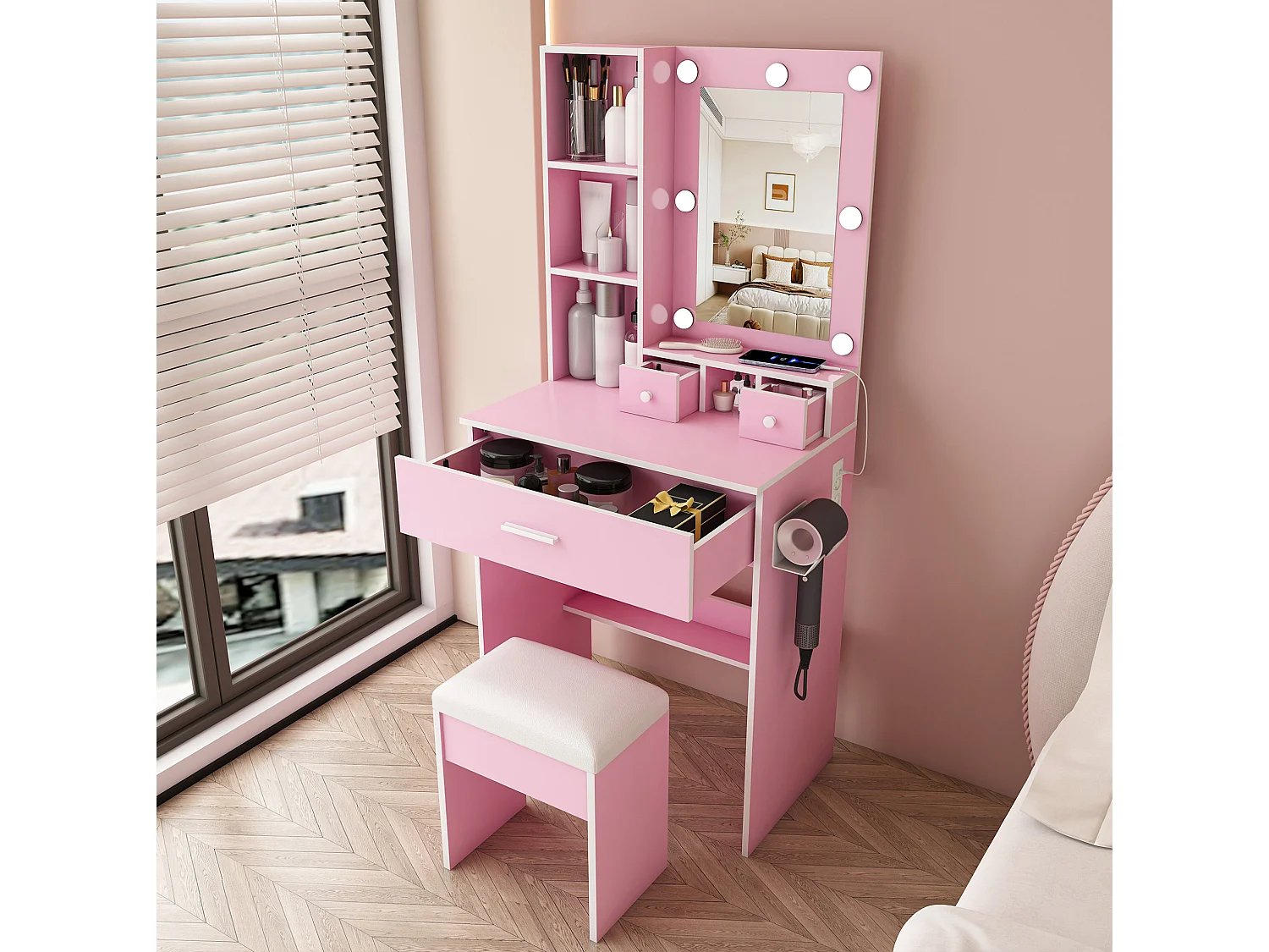 Coiffeuse avec miroir LED, prise, tabouret et 3 tiroirs - Rose 60 x 38 x 131.5 cm