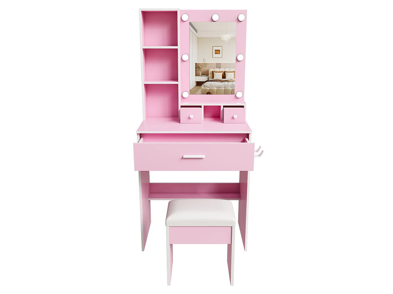 Coiffeuse avec miroir LED, prise, tabouret et 3 tiroirs - Rose 60 x 38 x 131.5 cm