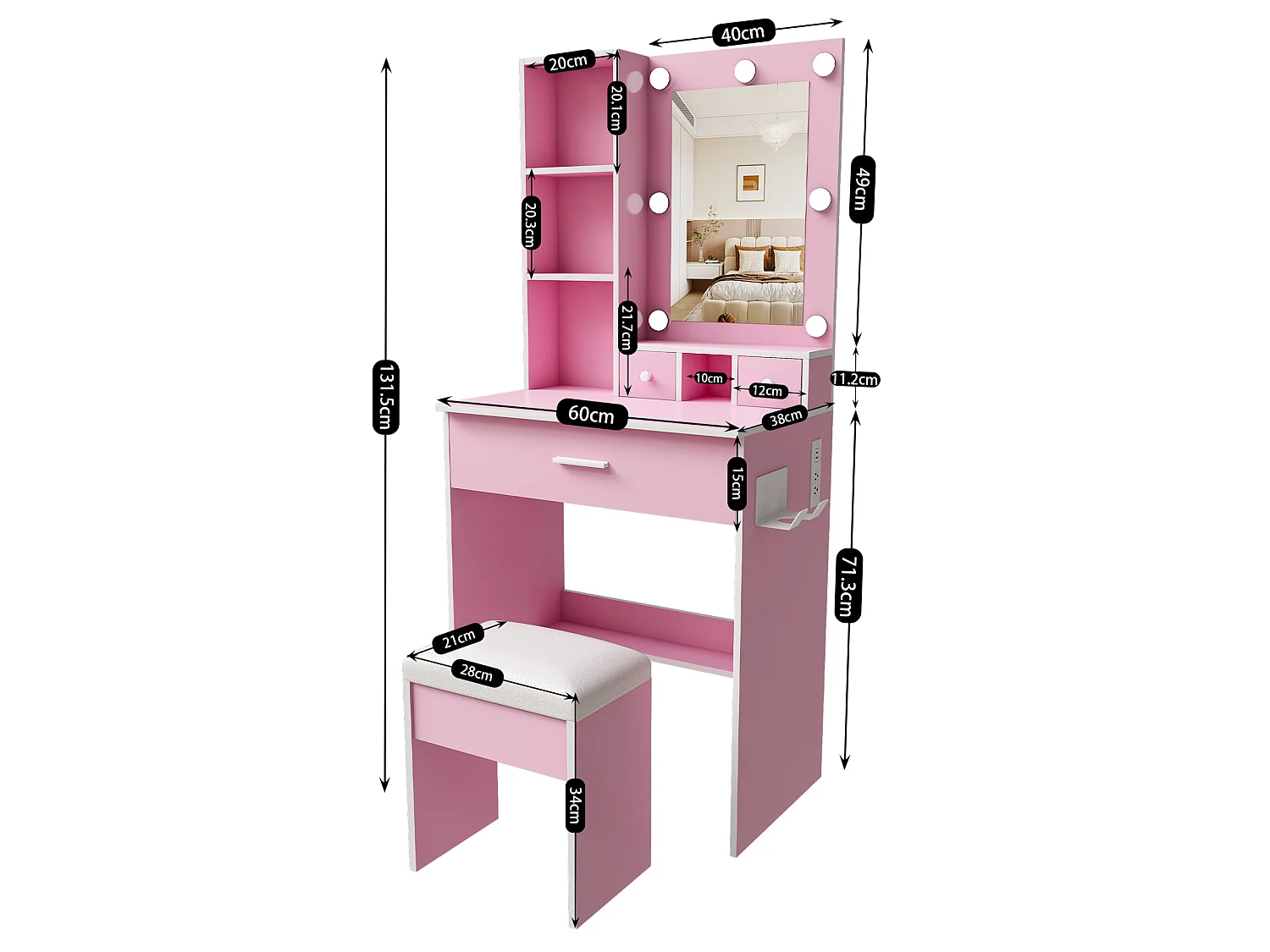 Coiffeuse avec miroir LED, prise, tabouret et 3 tiroirs - Rose 60 x 38 x 131.5 cm
