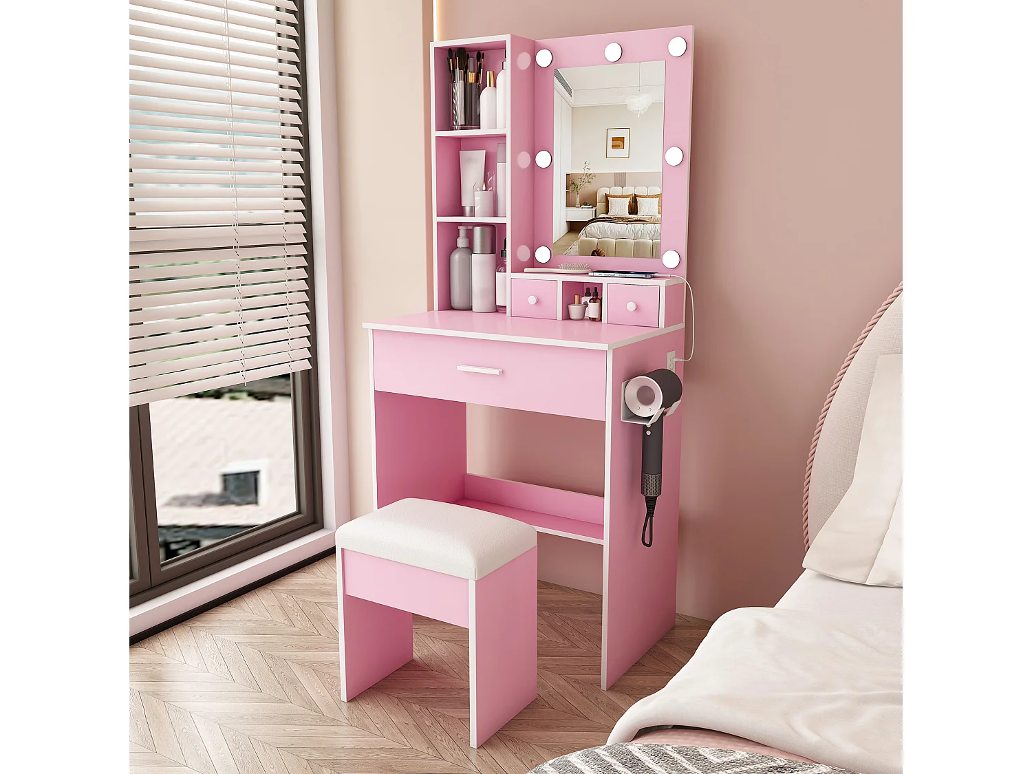 Coiffeuse avec miroir LED, prise, tabouret et 3 tiroirs - Rose 60 x 38 x 131.5 cm