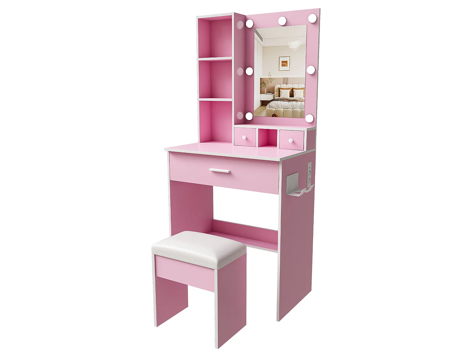 Coiffeuse avec miroir LED, prise, tabouret et 3 tiroirs - Rose 60 x 38 x 131.5 cm