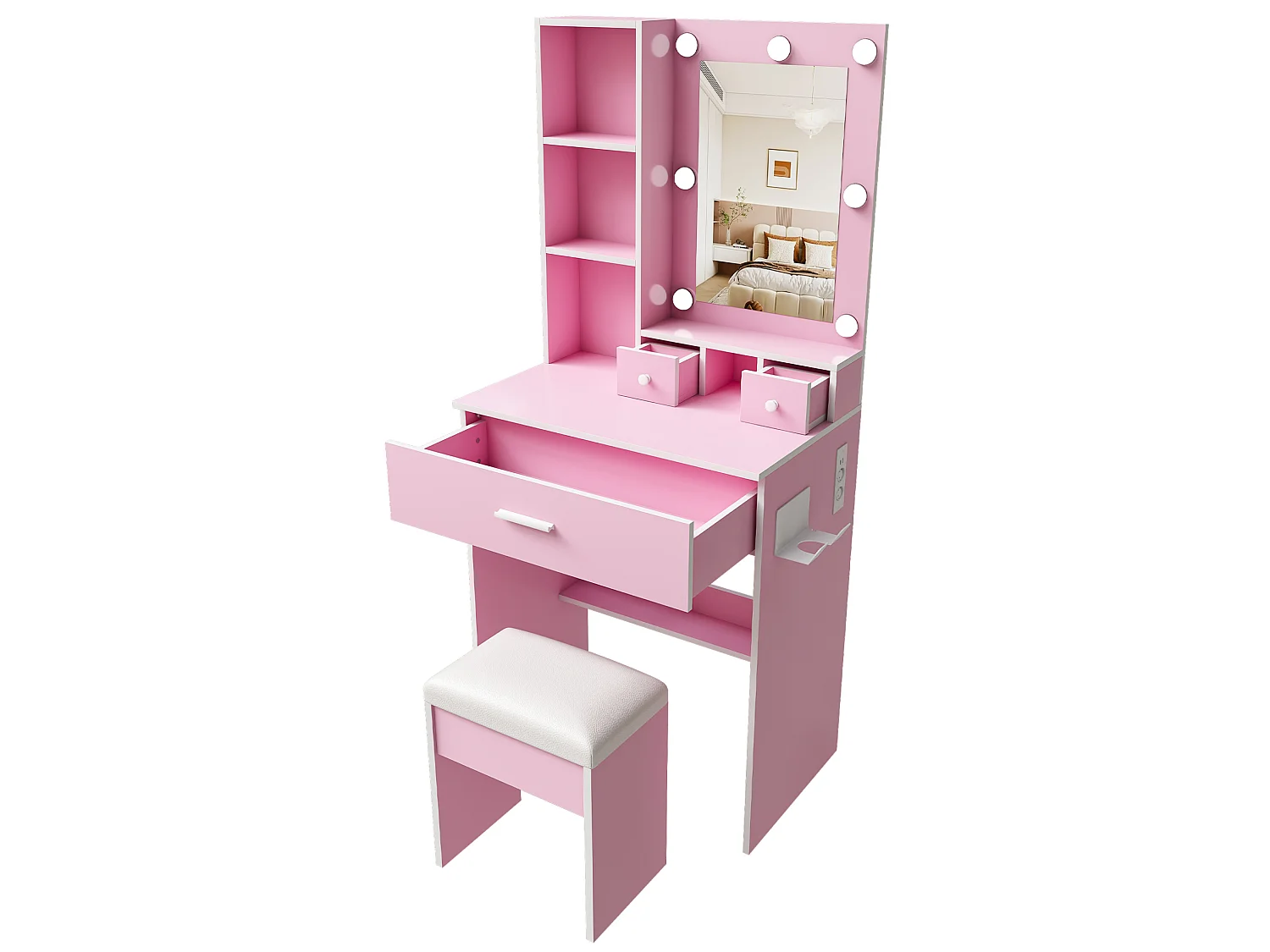 Coiffeuse avec miroir LED, prise, tabouret et 3 tiroirs - Rose 60 x 38 x 131.5 cm