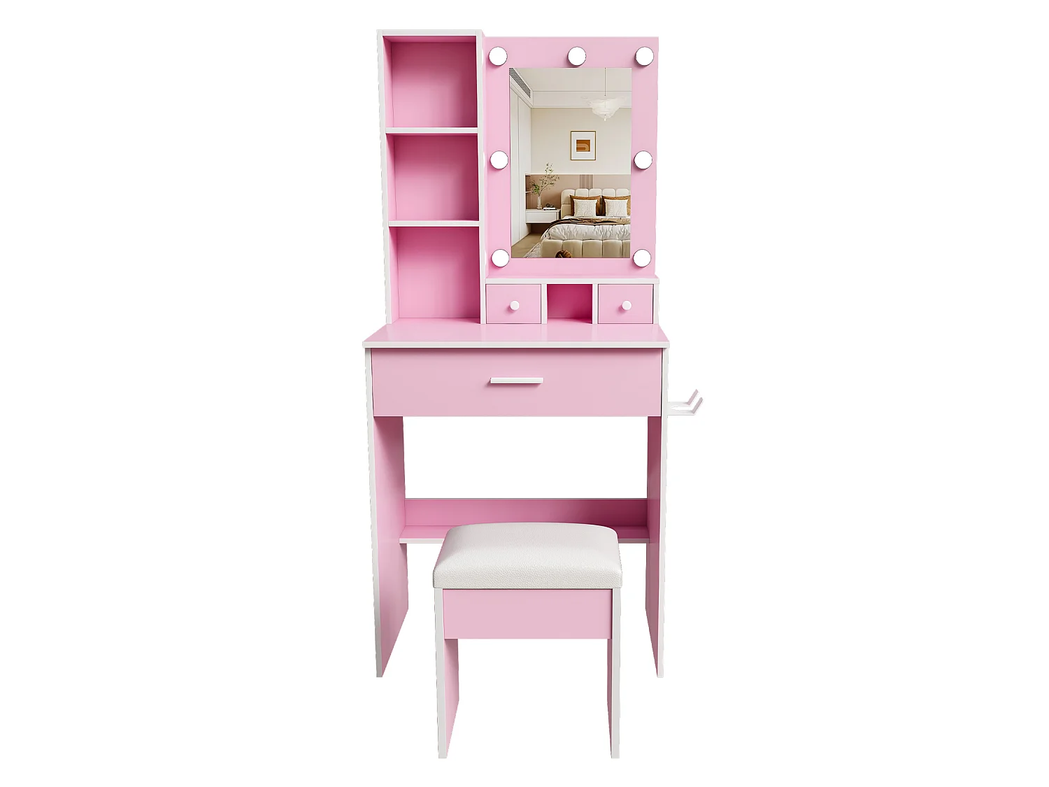 Coiffeuse avec miroir LED, prise, tabouret et 3 tiroirs - Rose 60 x 38 x 131.5 cm