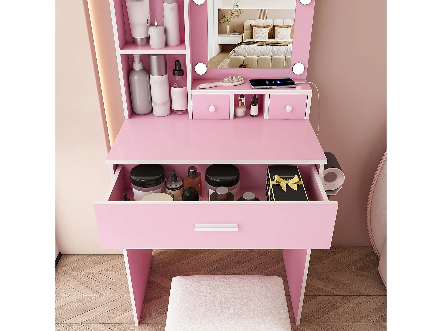 Coiffeuse avec miroir LED, prise, tabouret et 3 tiroirs - Rose 60 x 38 x 131.5 cm