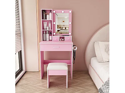 Coiffeuse avec miroir LED, prise, tabouret et 3 tiroirs - Rose 60 x 38 x 131.5 cm
