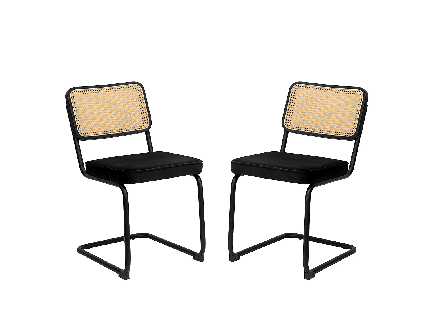 Lot de 2 chaises de salle à manger en rotin et velours - Pieds chromés - Noir