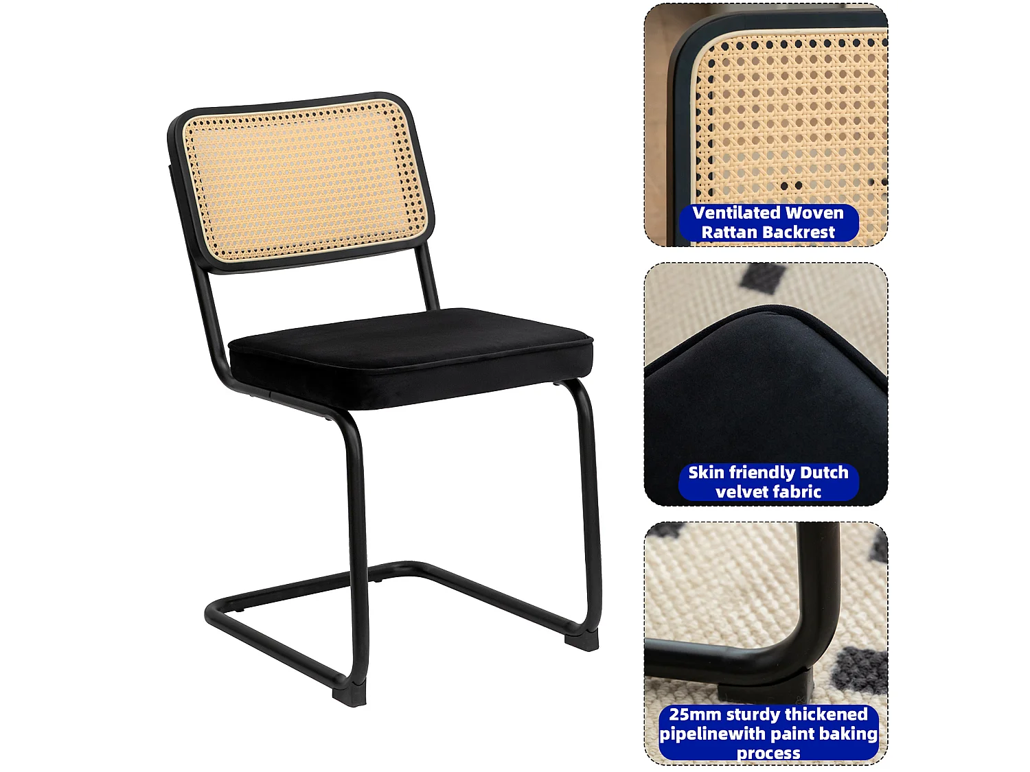 Lot de 2 chaises de salle à manger en rotin et velours - Pieds chromés - Noir