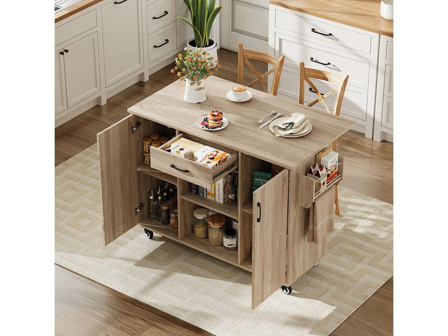 Isola cucina su ruote con piano ribaltabile e cassetto – Finitura naturale chiara