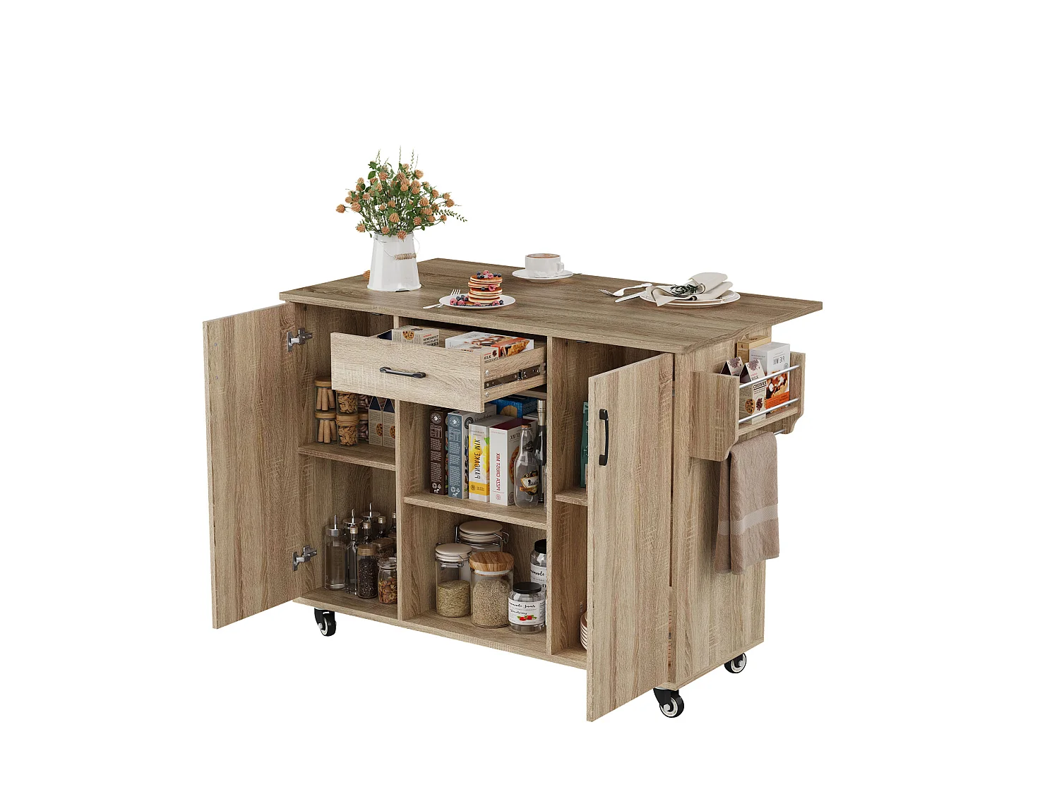 Isola cucina su ruote con piano ribaltabile e cassetto – Finitura naturale chiara