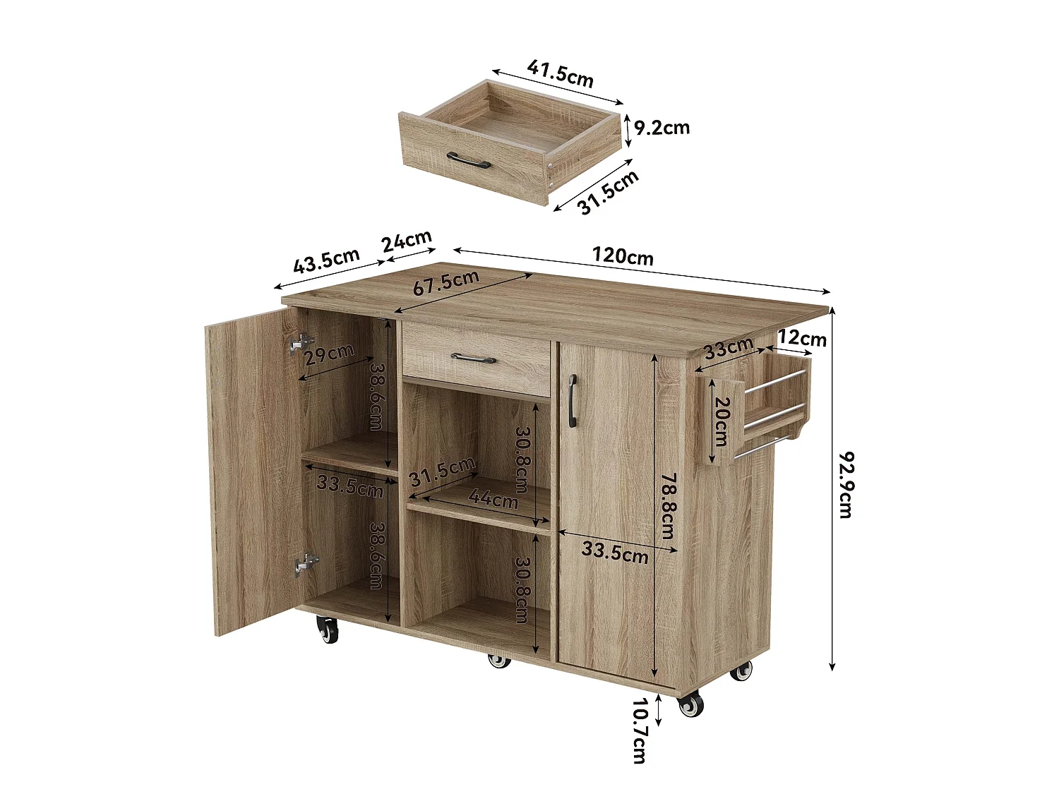 Isola cucina su ruote con piano ribaltabile e cassetto – Finitura naturale chiara