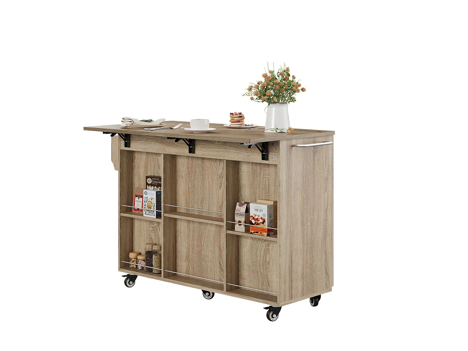 Isola cucina su ruote con piano ribaltabile e cassetto – Finitura naturale chiara
