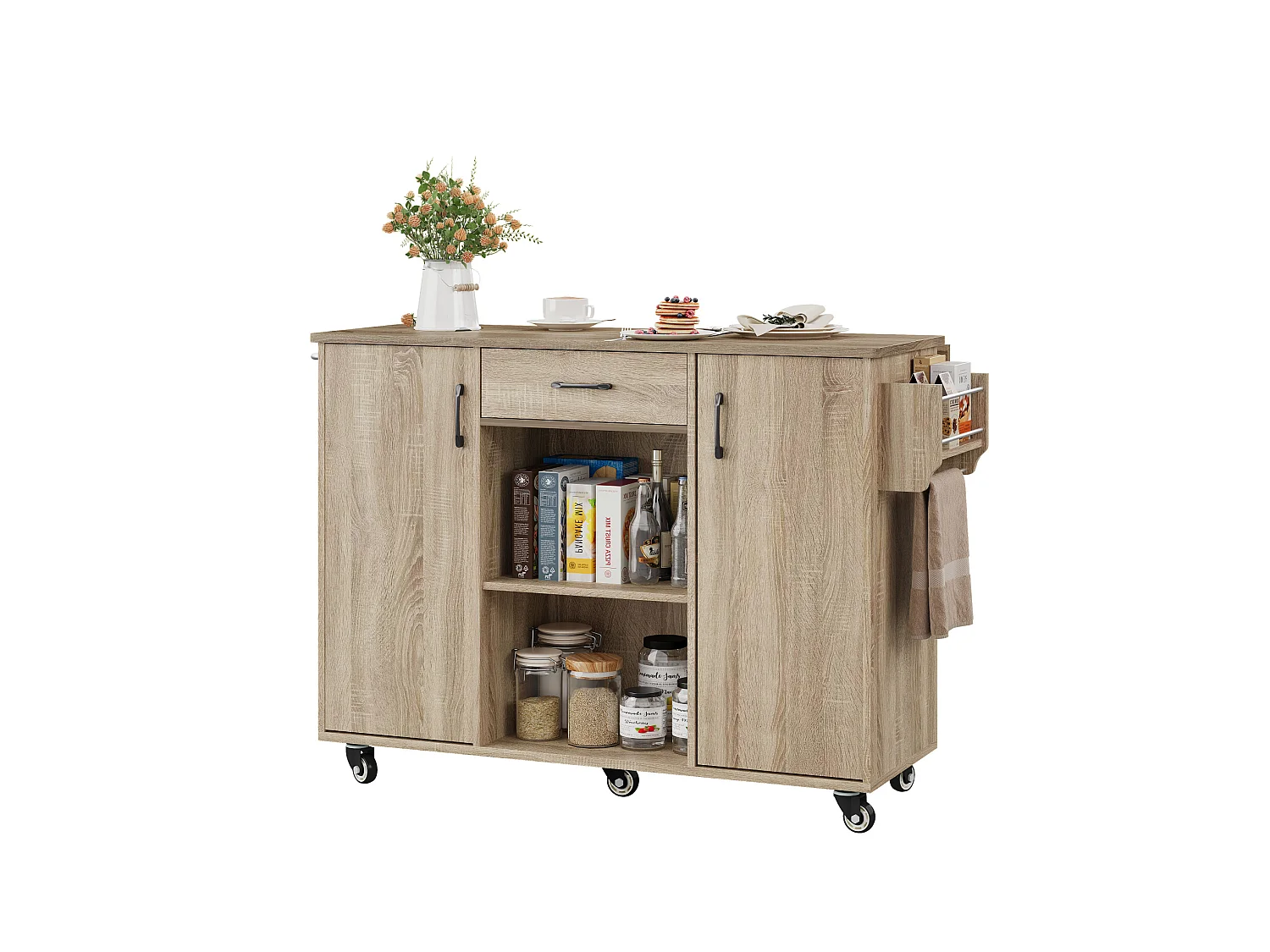 Isola cucina su ruote con piano ribaltabile e cassetto – Finitura naturale chiara