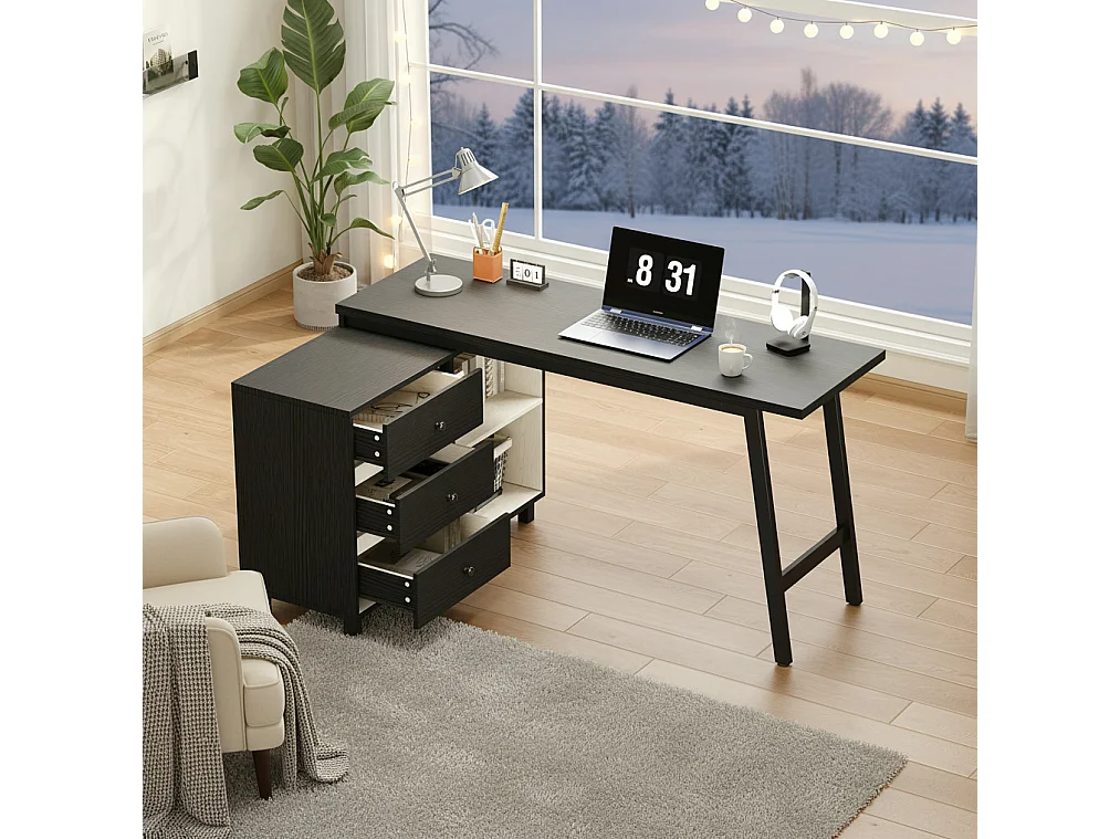 Zwart hoekbureau (150x100x76 cm) met 3 lades en 2 open vakken