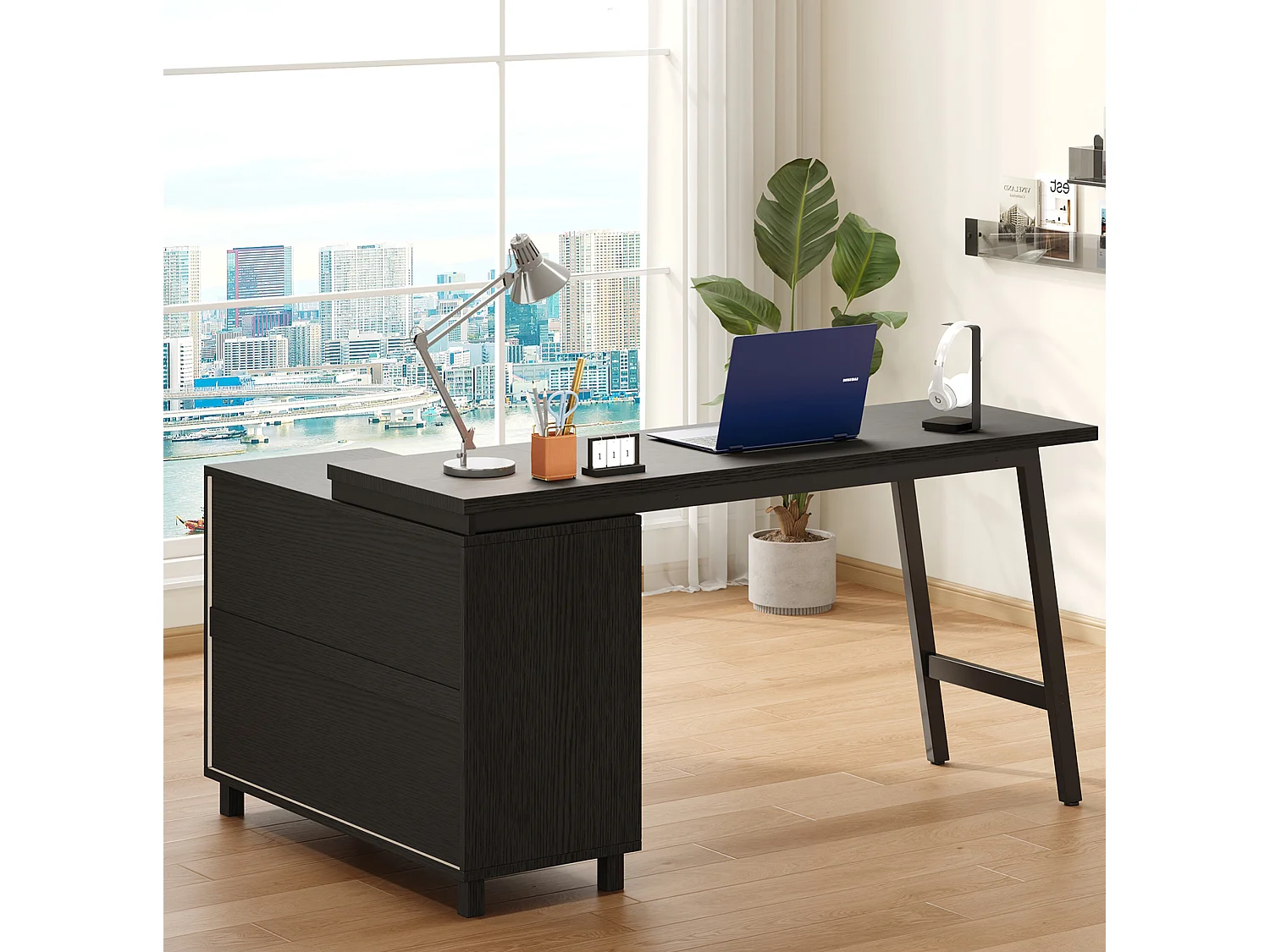 Zwart hoekbureau (150x100x76 cm) met 3 lades en 2 open vakken