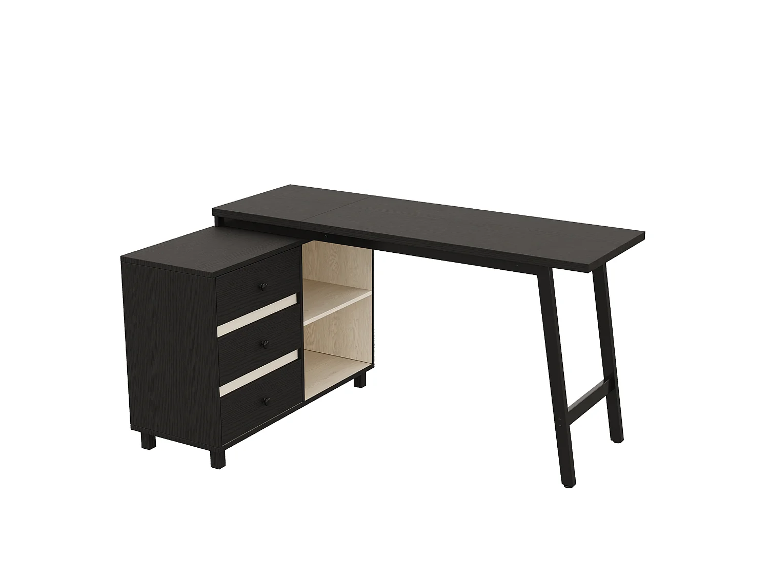 Zwart hoekbureau (150x100x76 cm) met 3 lades en 2 open vakken