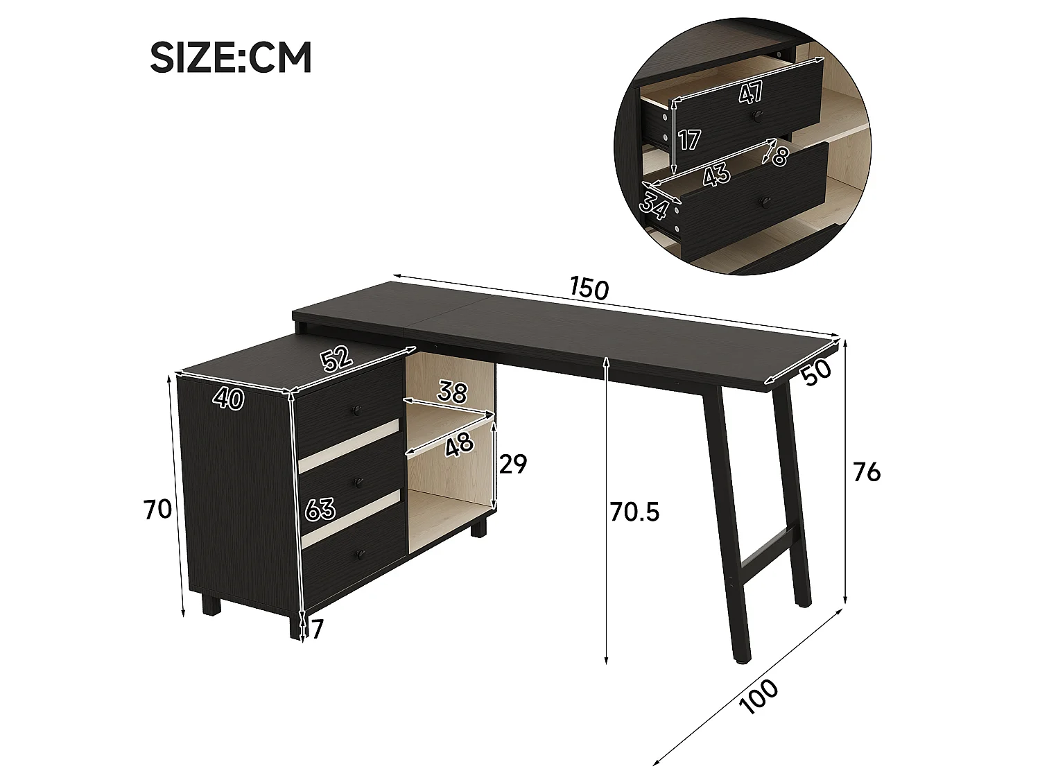 Zwart hoekbureau (150x100x76 cm) met 3 lades en 2 open vakken